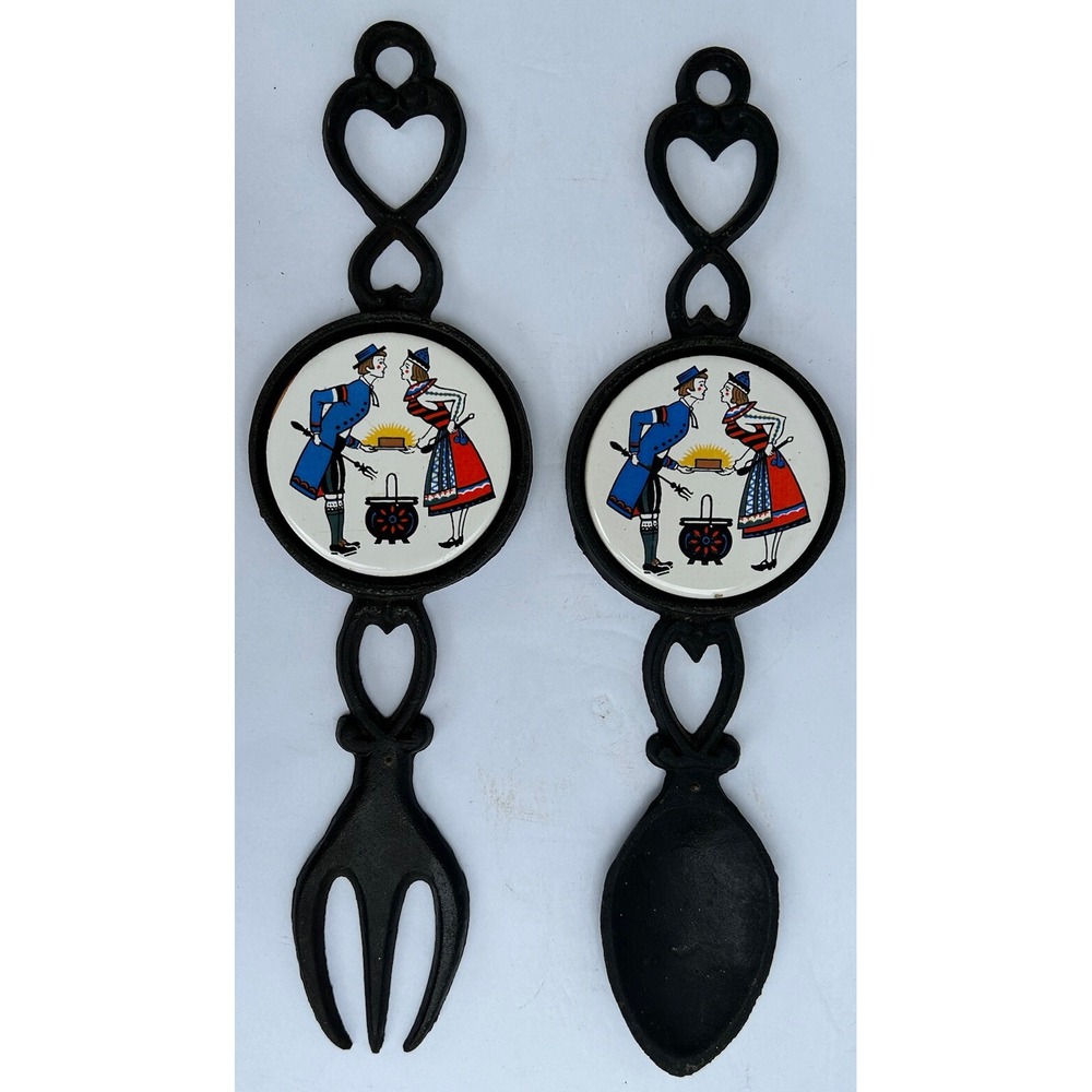 Cast Iron Enesco Fork Spoon‎ with Round Ceramic Tile & Hook Dutch Folk Art VTG